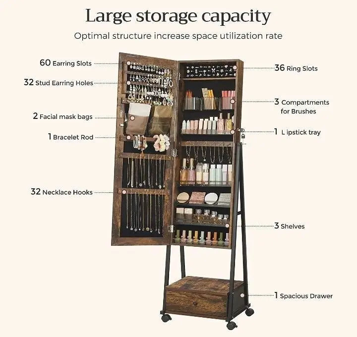 Full-Length Mirror Jewelry Box for Woman Organizers and Storage Cabinets with Drawers JettsJewelers