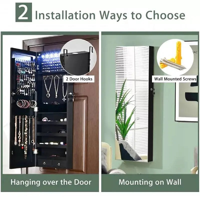 Full Length Mirror Jewelry Cabinet, 6 LEDs Jewelry Armoire Wall Mounted Over The Door Hanging, Jewelry Organizer Storage Lights Lockable - JettsJewelers