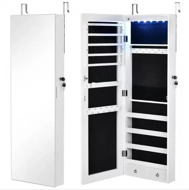 Full Length Mirror Jewelry Cabinet, 6 LEDs Jewelry Armoire Wall Mounted Over The Door Hanging, Jewelry Organizer Storage Lights Lockable - JettsJewelers