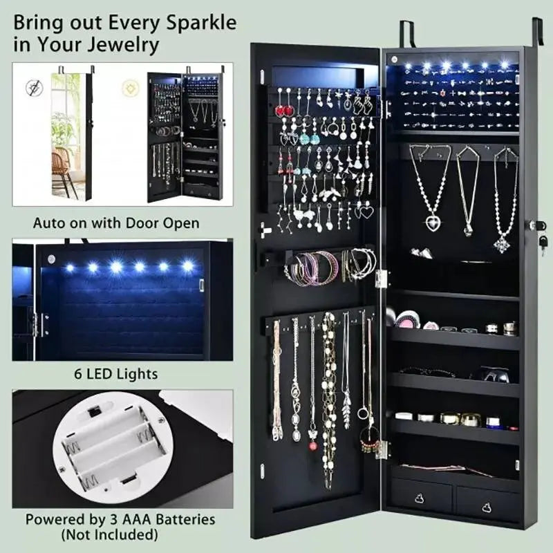 Full Length Mirror Jewelry Cabinet, 6 LEDs Jewelry Armoire Wall Mounted Over The Door Hanging, Jewelry Organizer Storage Lights Lockable - JettsJewelers