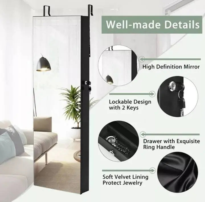 Full Length Mirror Jewelry Cabinet, 6 LEDs Jewelry Armoire Wall Mounted Over The Door Hanging, Jewelry Organizer Storage Lights Lockable - JettsJewelers