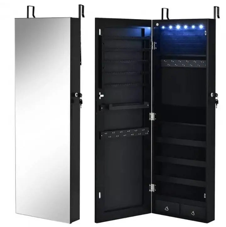 Full Length Mirror Jewelry Cabinet, 6 LEDs Jewelry Armoire Wall Mounted Over The Door Hanging, Jewelry Organizer Storage Lights Lockable - JettsJewelers