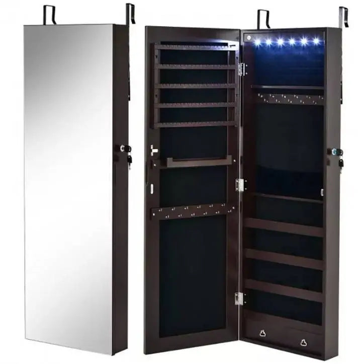 Full Length Mirror Jewelry Cabinet, 6 LEDs Jewelry Armoire Wall Mounted Over The Door Hanging, Jewelry Organizer Storage Lights Lockable - JettsJewelers
