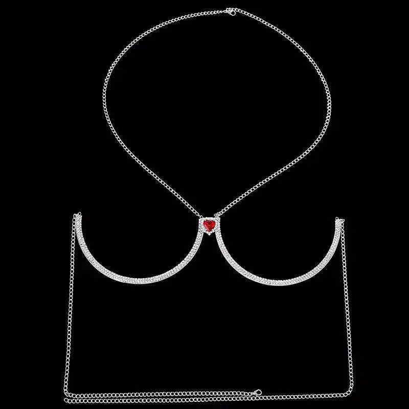 Full Rhinestone Bra BodySexy Bikini Silver Gold Beauty Red Heart Chest Bracket Bras Chain Nightclub and Partying Body Jewelry for Women JettsJewelers
