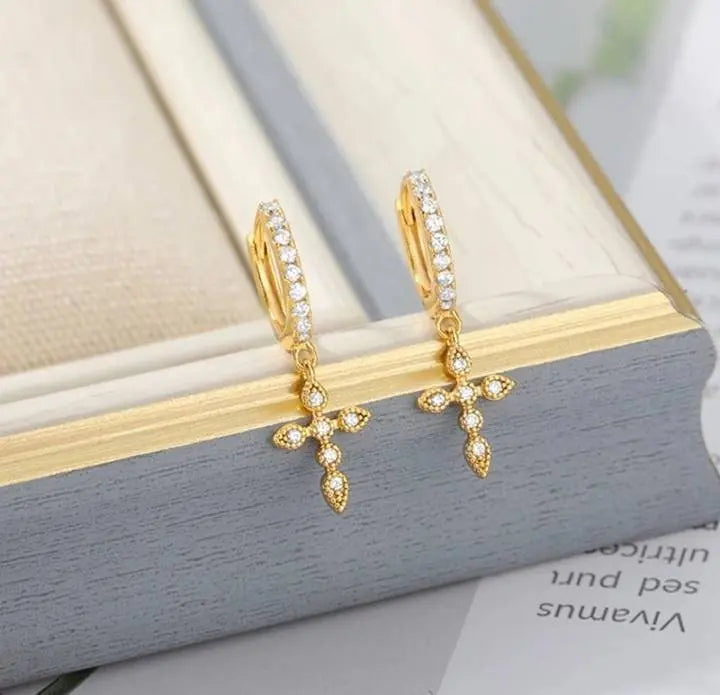 Gold Dainty Dangle Hoop Earrings for Women 14K Gold Plated Delicate Cross Dangle Earrings - JettsJewelers