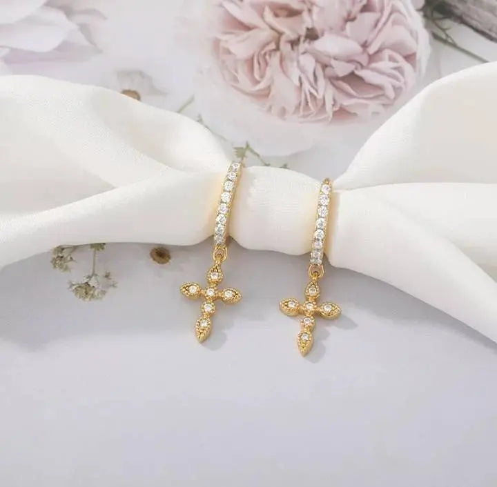 Gold Dainty Dangle Hoop Earrings for Women 14K Gold Plated Delicate Cross Dangle Earrings - JettsJewelers