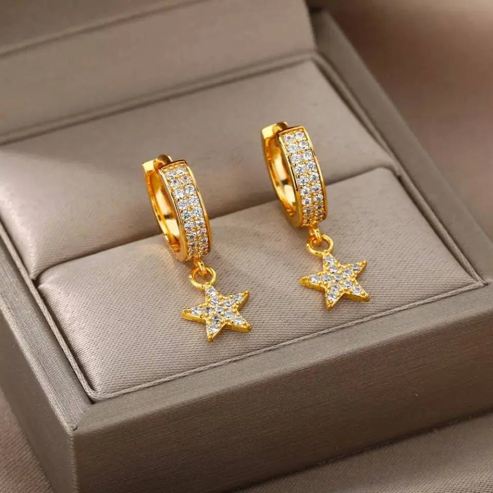 Gold Dainty Dangle Hoop Earrings for Women 14K Gold Plated Delicate Star Dangle Earrings - JettsJewelers