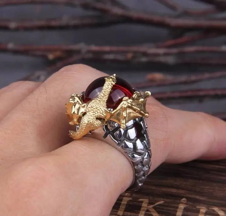 Gold Dragon Ring Shiny Inlay Red Crystal Rhinestone Ring Uniquely Stylish 3D Dragon Shape Band Rings Gothic Hip Hop Punk Party Jewelry - JettsJewelers
