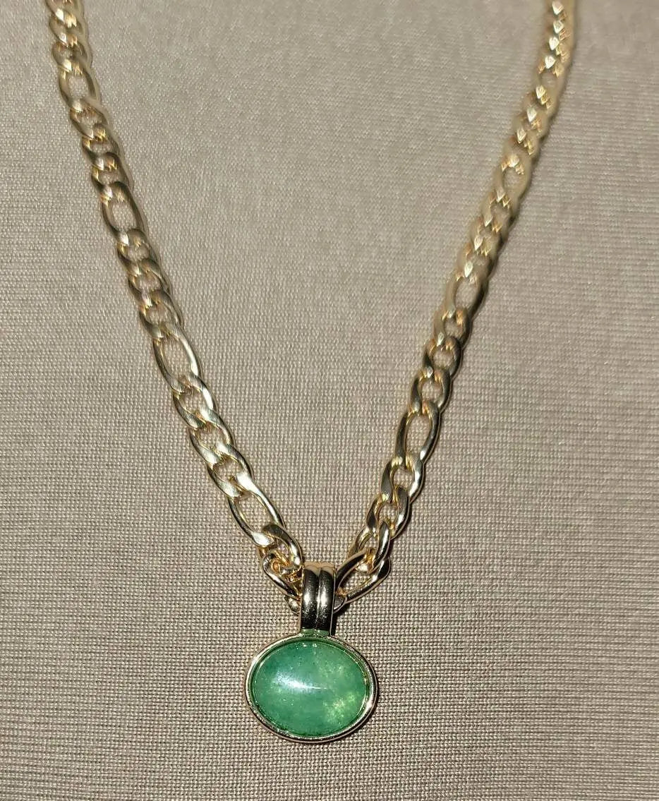 Gold Green Aventurine Natural Stone Pendant Necklace (20'' Titanium Chain), Retro Elegant Temperament Style Necklace JettsJewelers