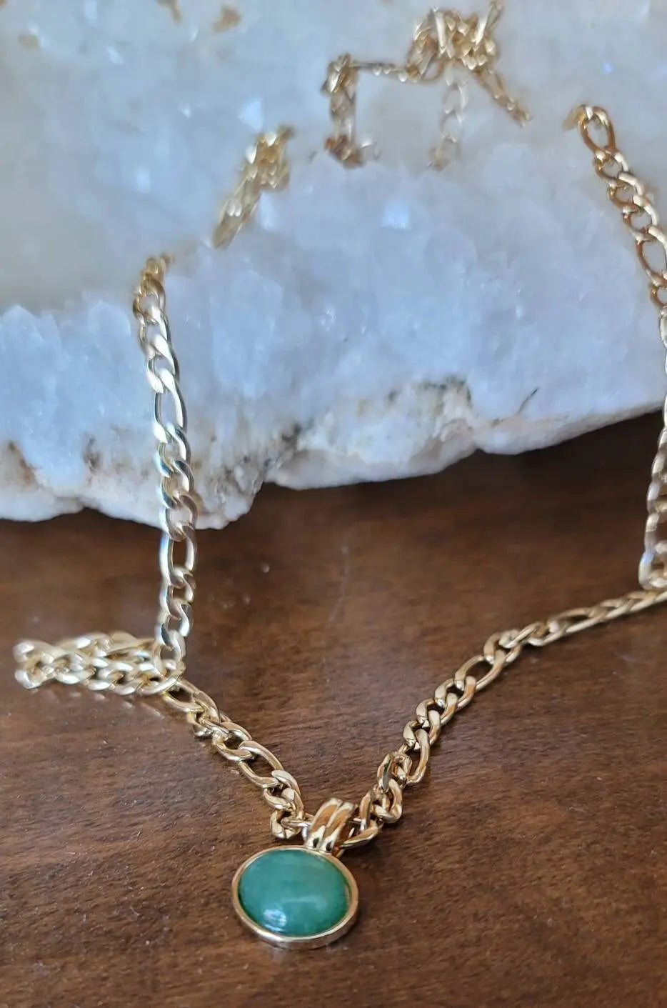 Gold Green Aventurine Natural Stone Pendant Necklace (20'' Titanium Chain), Retro Elegant Temperament Style Necklace JettsJewelers