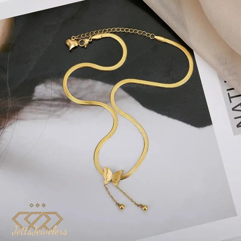 Gold Necklaces for Women - Butterfly Choker Necklace Gold Pendant Necklace 18K Gold Plated Adjustable Herringbone Personalized Necklace - JettsJewelers