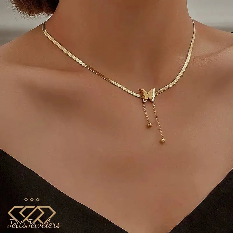 Gold Necklaces for Women - Butterfly Choker Necklace Gold Pendant Necklace 18K Gold Plated Adjustable Herringbone Personalized Necklace - JettsJewelers