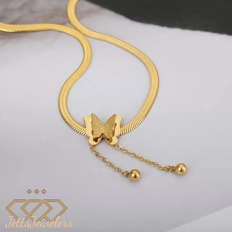 Gold Necklaces for Women - Butterfly Choker Necklace Gold Pendant Necklace 18K Gold Plated Adjustable Herringbone Personalized Necklace - JettsJewelers