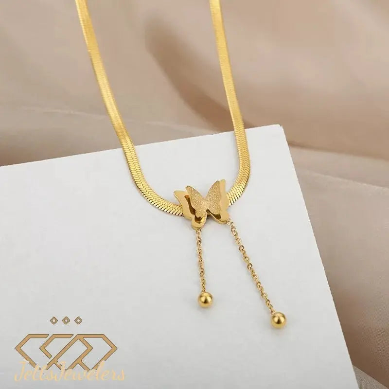 Gold Necklaces for Women - Butterfly Choker Necklace Gold Pendant Necklace 18K Gold Plated Adjustable Herringbone Personalized Necklace - JettsJewelers