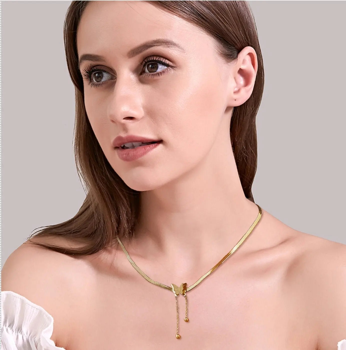Gold Necklaces for Women - Butterfly Choker Necklace Gold Pendant Necklace 18K Gold Plated Adjustable Herringbone Personalized Necklace - JettsJewelers