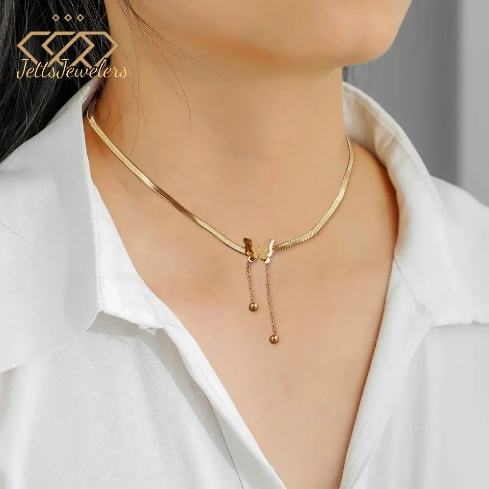 Gold Necklaces for Women - Butterfly Choker Necklace Gold Pendant Necklace 18K Gold Plated Adjustable Herringbone Personalized Necklace - JettsJewelers