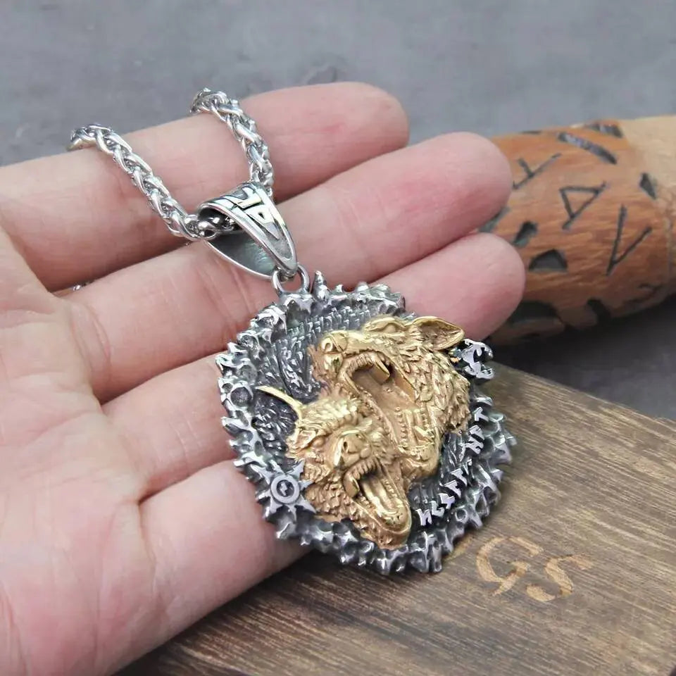 Gold Silver Dual Wolfs Stainless Steel Necklace JettsJewelers