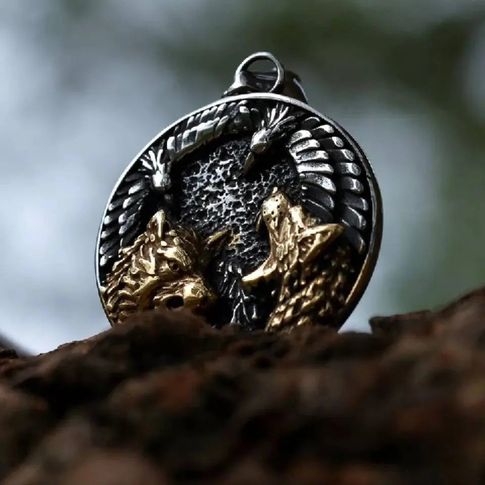 Gold Silver Dual Wolfs and Eagle Stainless Steel Necklace JettsJewelers