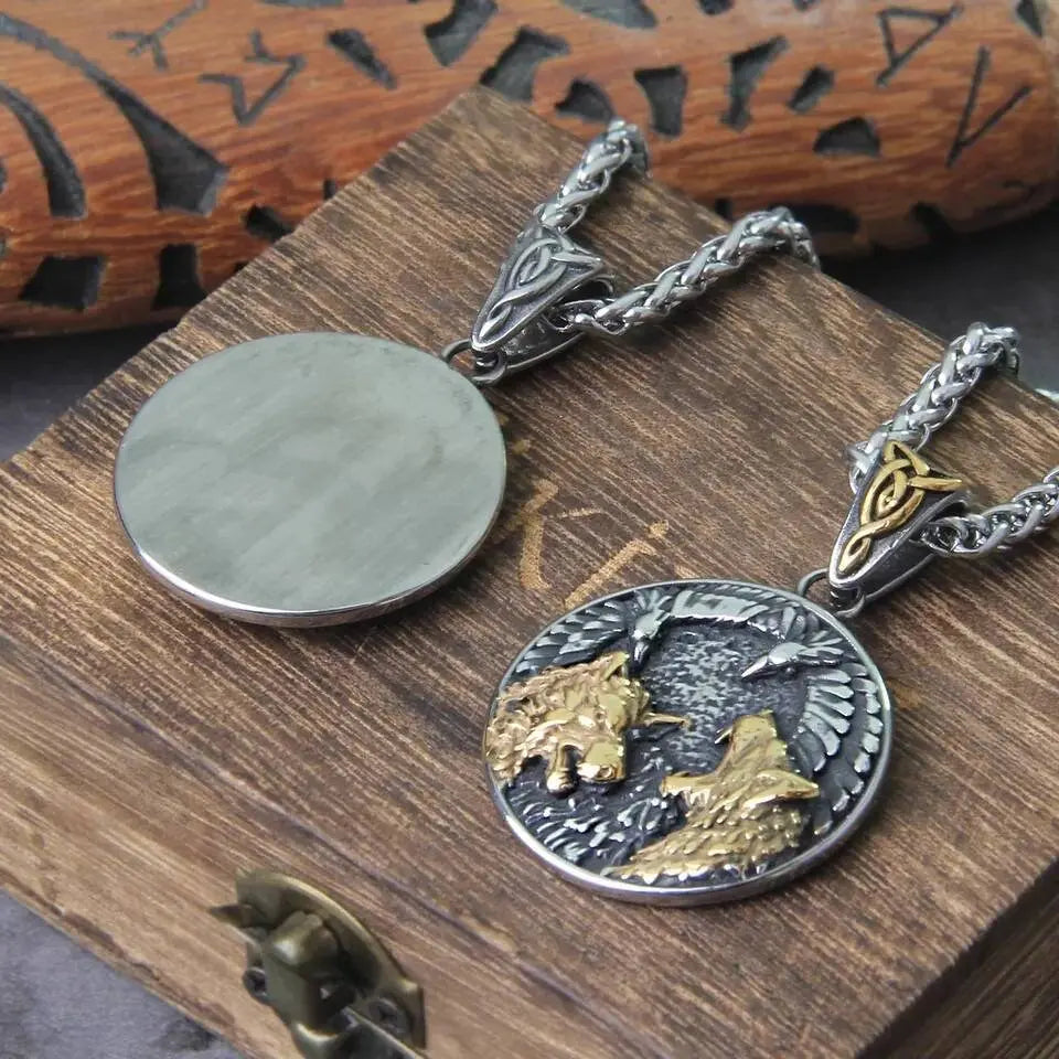 Gold Silver Dual Wolfs and Eagle Stainless Steel Necklace JettsJewelers