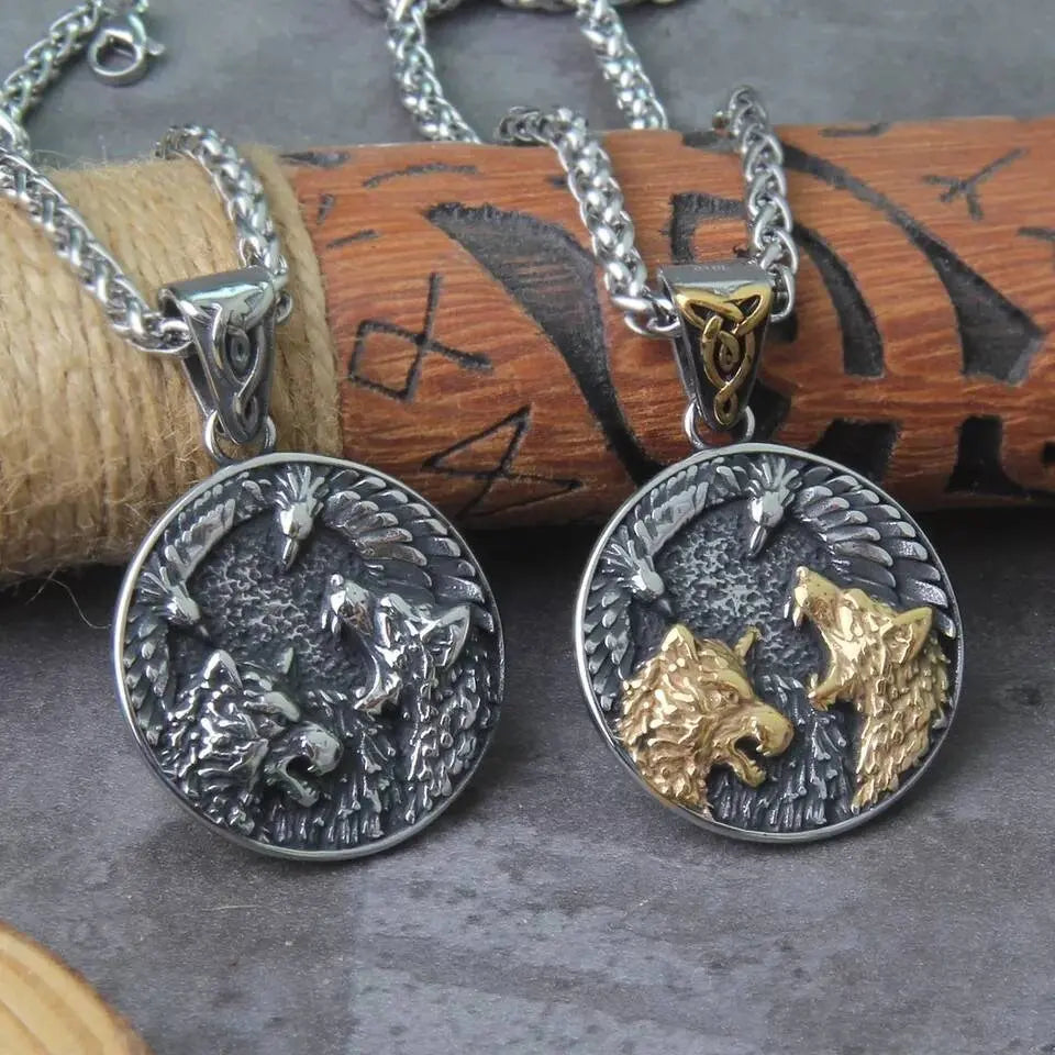 Gold Silver Dual Wolfs and Eagle Stainless Steel Necklace JettsJewelers