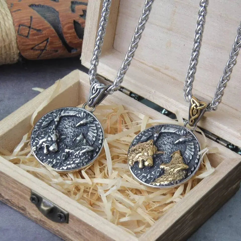 Gold Silver Dual Wolfs and Eagle Stainless Steel Necklace JettsJewelers