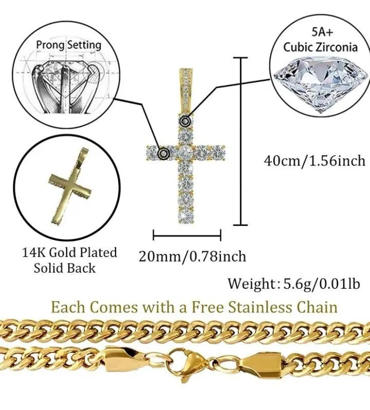Gold&Silver Plated Solid 14k Iced out Cubic Zirconia Cross Pendant Necklace - JettsJewelers