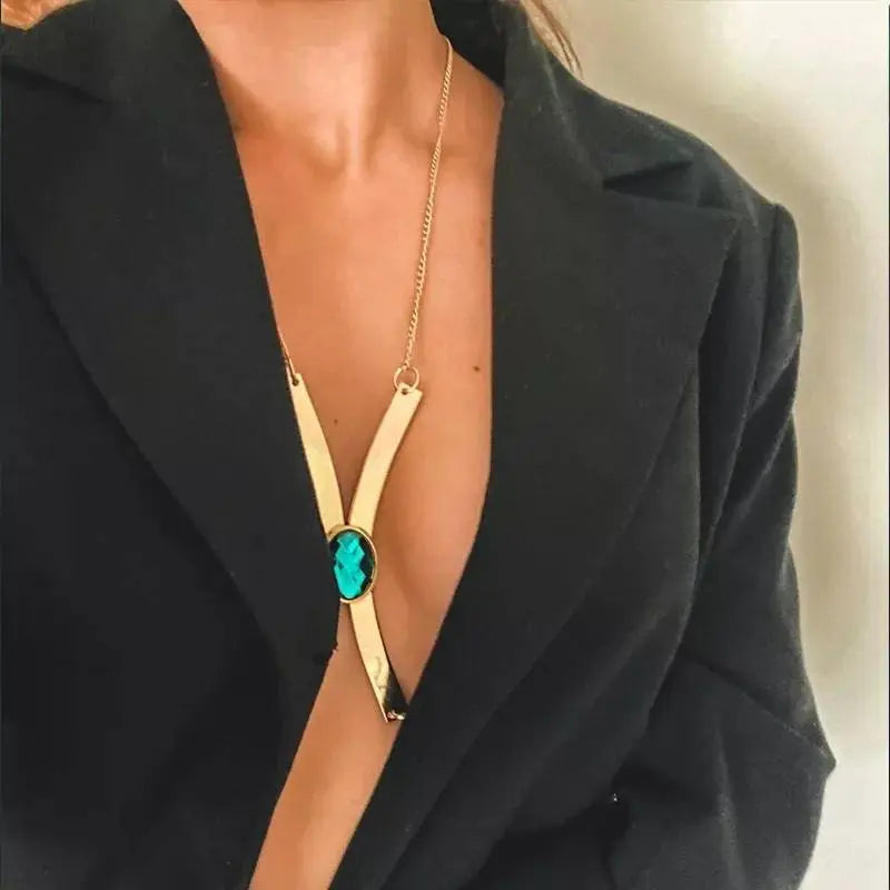 Green Gem Metal Bracket Bra Body Sexy Bikini Silver Gold Beauty Chest Bracket Bras Nightclub and Partying Body Jewelry for Women JettsJewelers