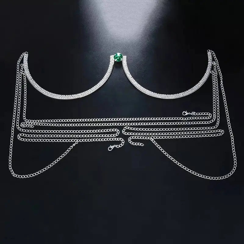 Green Round Gem Rhinestone Bra Body Sexy Bikini Silver Gold Beauty Chest Bracket Bras Chain Nightclub and Partying Body Jewelry for Women JettsJewelers