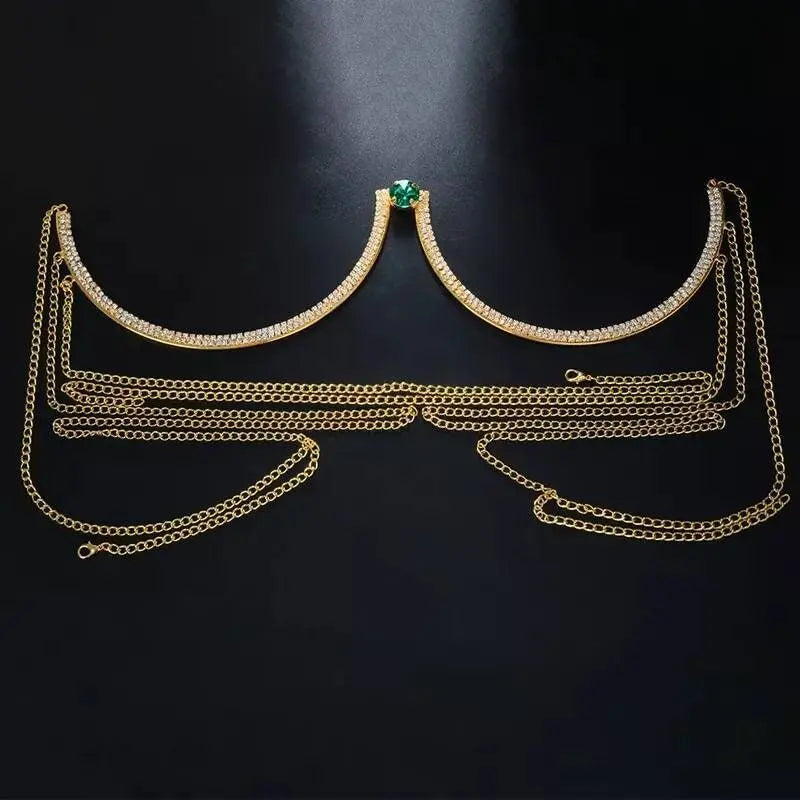 Green Round Gem Rhinestone Bra Body Sexy Bikini Silver Gold Beauty  Chest Bracket Bras Chain Nightclub and Partying Body Jewelry for Women JettsJewelers
