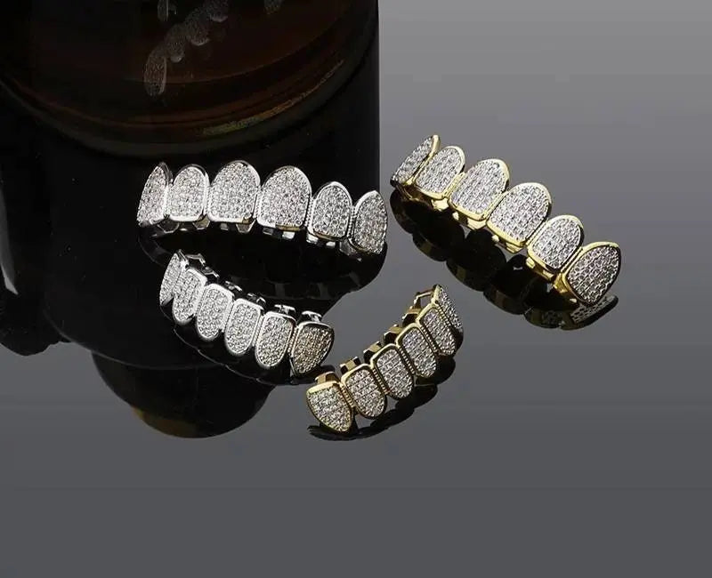 Grillz Teeth Caps Gold Color Plated Luxury Micro Pave CZ Stones Top & Bottom Teeth Grills Set - JettsJewelers