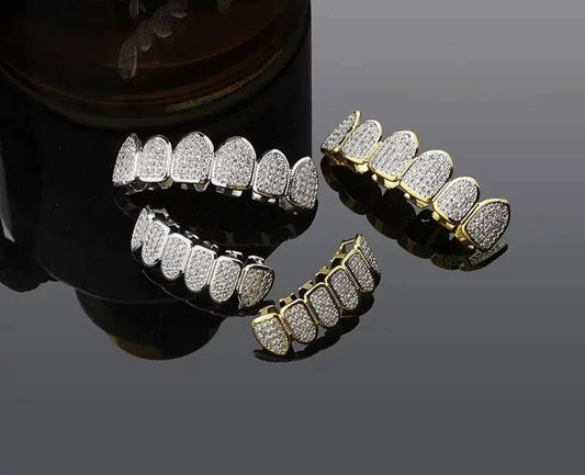 Grillz Teeth Caps Gold Color Plated Luxury Micro Pave CZ Stones Top & Bottom Teeth Grills Set - JettsJewelers