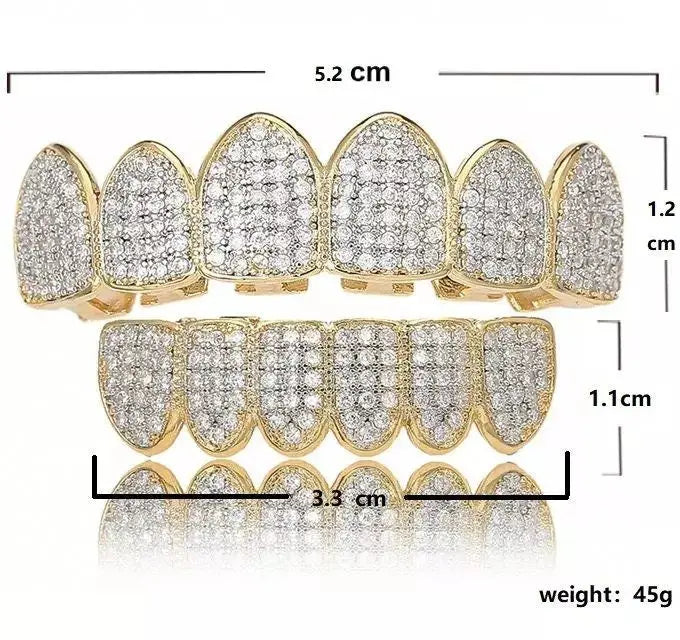 Grillz Teeth Caps Gold Color Plated Luxury Micro Pave CZ Stones Top & Bottom Teeth Grills Set - JettsJewelers