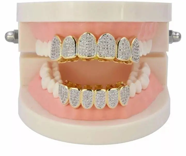 Grillz Teeth Caps Gold Color Plated Luxury Micro Pave CZ Stones Top & Bottom Teeth Grills Set - JettsJewelers