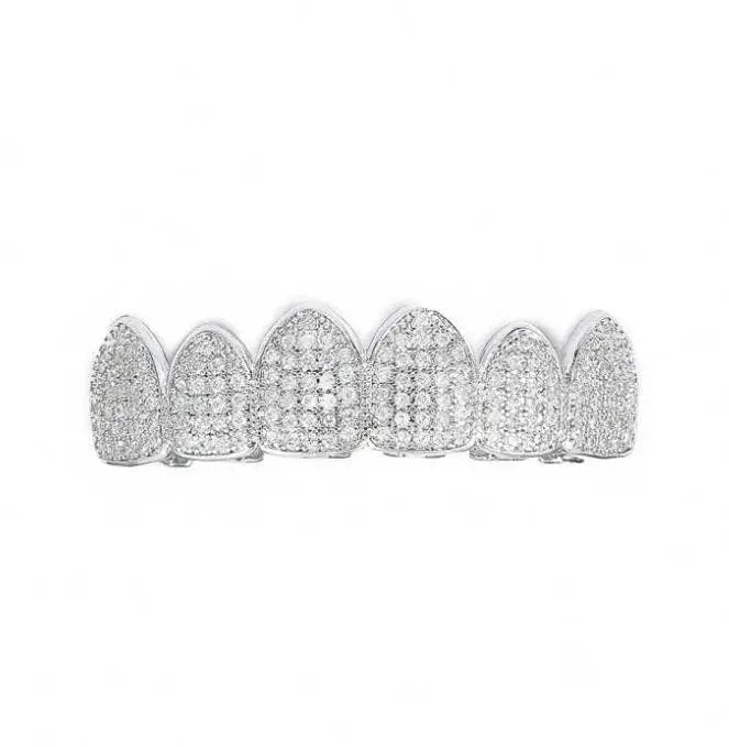 Grillz Teeth Caps Gold Color Plated Luxury Micro Pave CZ Stones Top & Bottom Teeth Grills Set - JettsJewelers