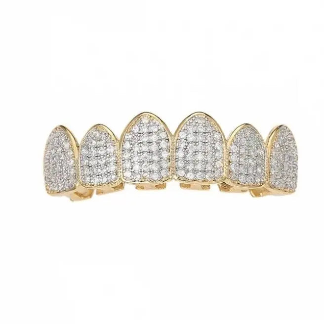 Grillz Teeth Caps Gold Color Plated Luxury Micro Pave CZ Stones Top & Bottom Teeth Grills Set - JettsJewelers