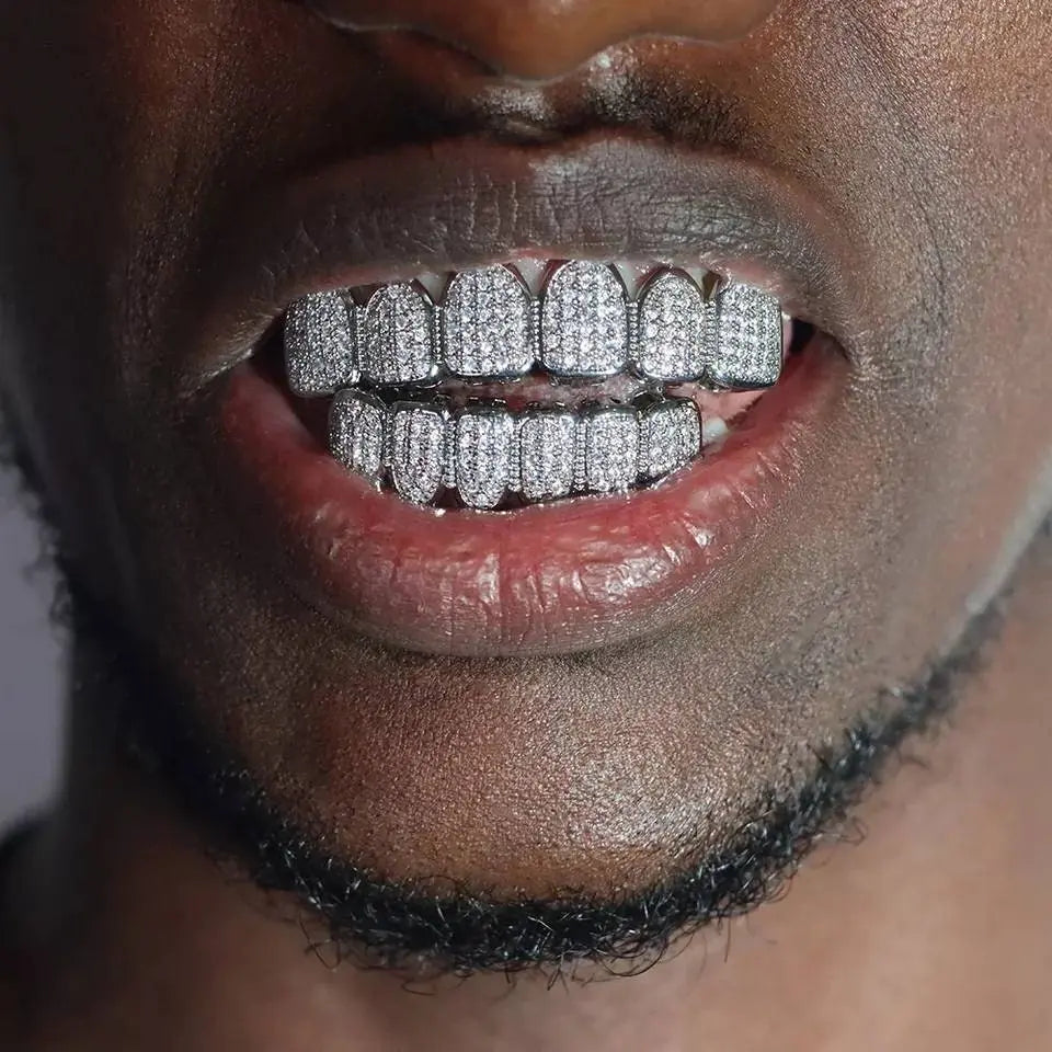 Grillz Teeth Caps Gold Color Plated Luxury Micro Pave CZ Stones Top & Bottom Teeth Grills Set JettsJewelers