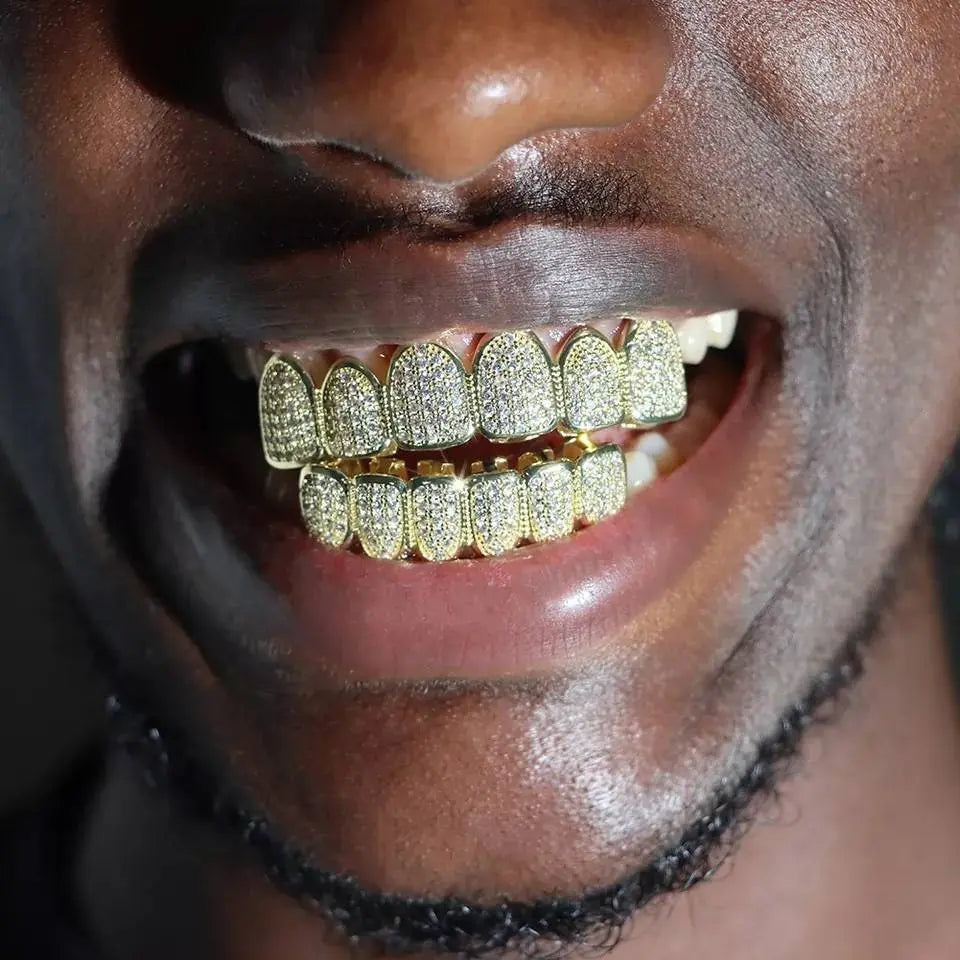 Grillz Teeth Caps Gold Color Plated Luxury Micro Pave CZ Stones Top & Bottom Teeth Grills Set JettsJewelers