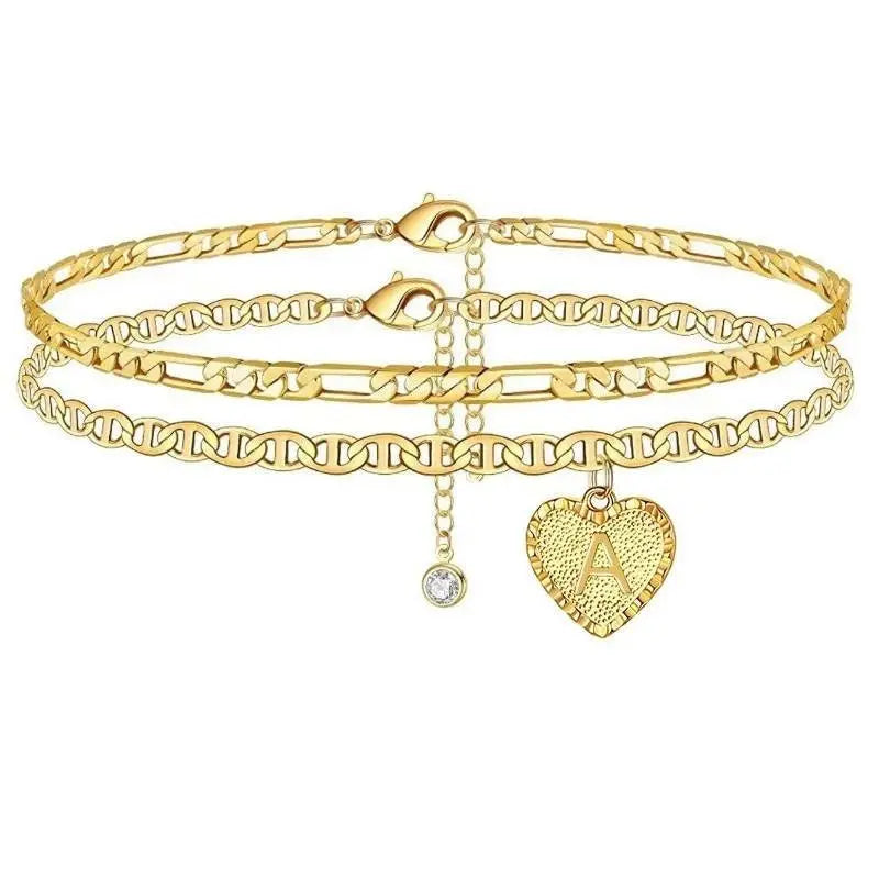 Heart Ankle Bracelets for Women, 14K Gold Plated Dainty Layered Figaro Chain CZ Initial Anklets Set Summer Jewelry Gifts for Women Teen - JettsJewelers