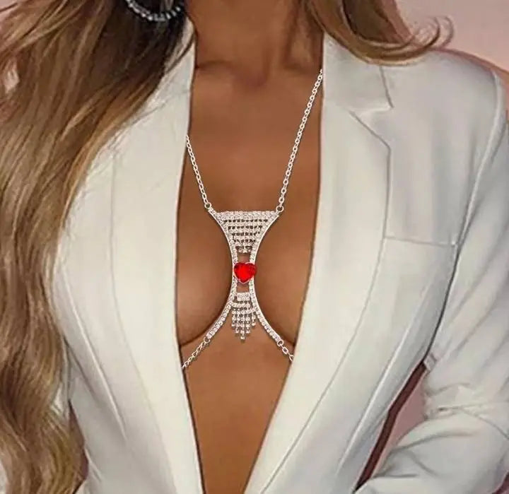 Heart Green Red Crystal Chest Bracket Bras Chain Body Jewelry Tassel Rhinestone Body Chain for Women Sexy Bikini Body Jewelry - JettsJewelers