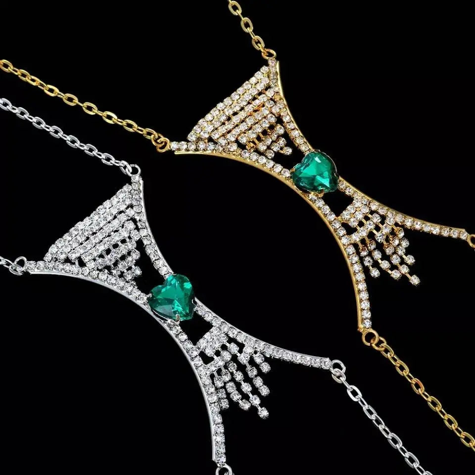 Heart Green Red Crystal Chest Bracket Bras Chain Body Jewelry Tassel Rhinestone Body Chain for Women Sexy Bikini Body Jewelry - JettsJewelers