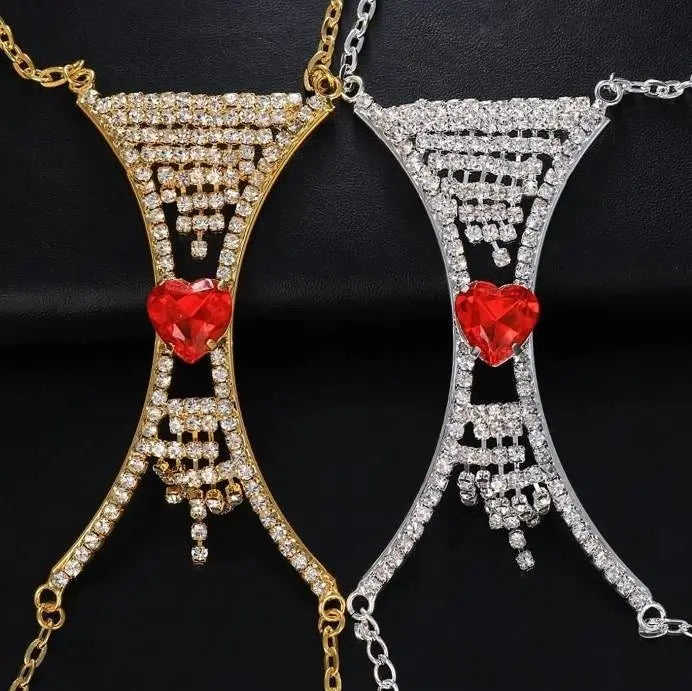 Heart Green Red Crystal Chest Bracket Bras Chain Body Jewelry Tassel Rhinestone Body Chain for Women Sexy Bikini Body Jewelry - JettsJewelers