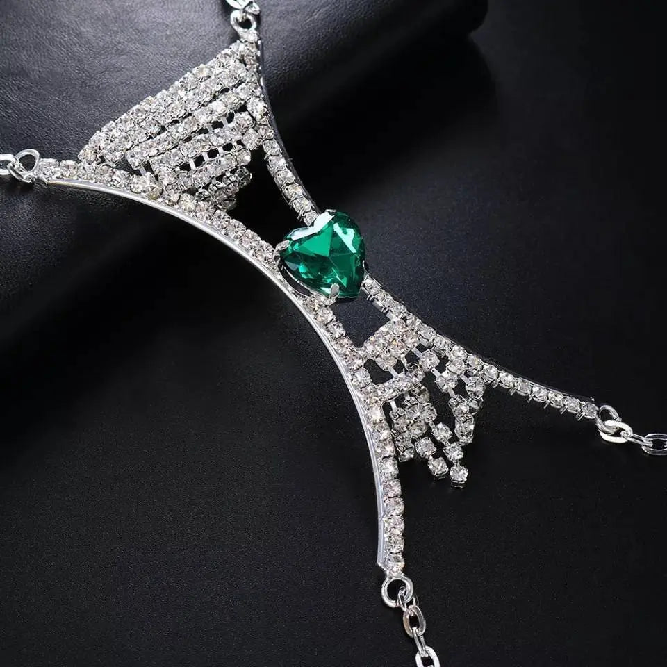 Heart Green Red Crystal Chest Bracket Bras Chain Body Jewelry Tassel Rhinestone Body Chain for Women Sexy Bikini Body Jewelry - JettsJewelers