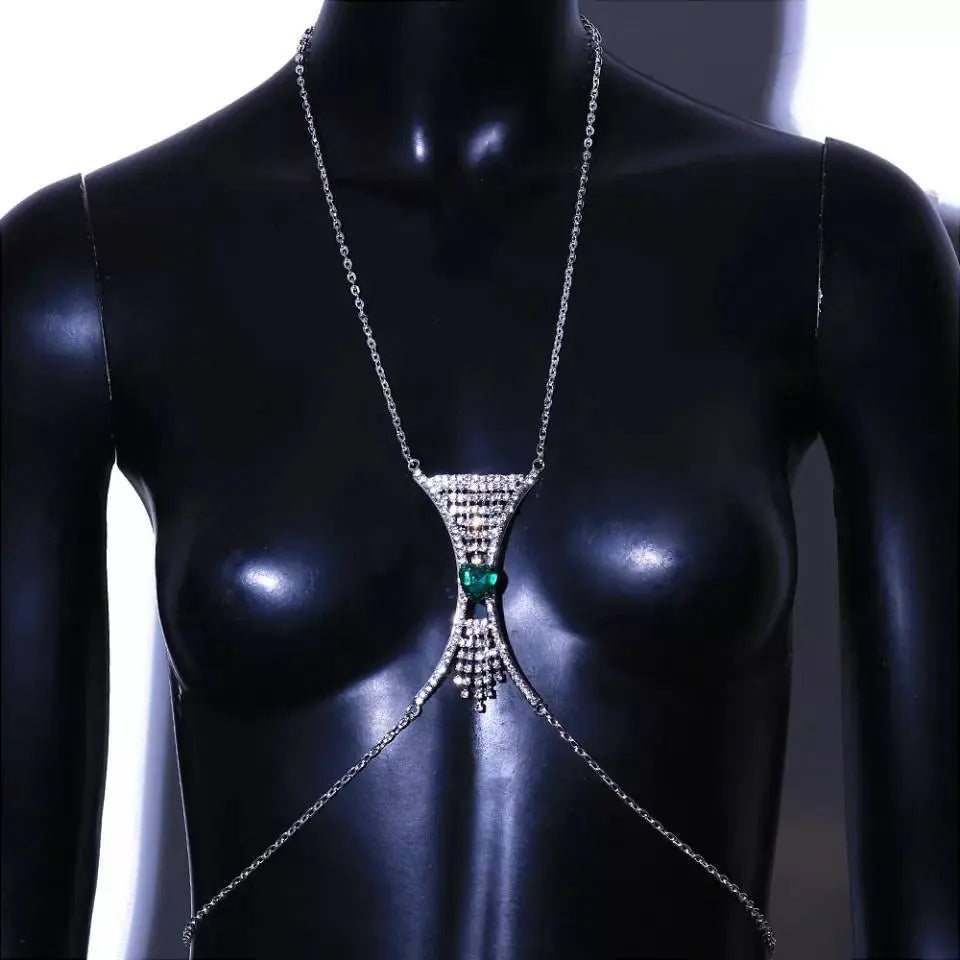 Heart Green Red Crystal Chest Bracket Bras Chain Body Jewelry Tassel Rhinestone Body Chain for Women Sexy Bikini Body Jewelry - JettsJewelers