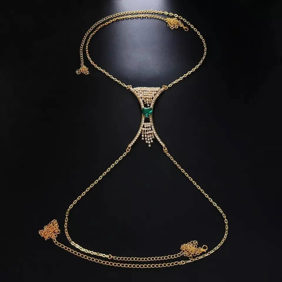 Heart Green Red Crystal Chest Bracket Bras Chain Body Jewelry Tassel Rhinestone Body Chain for Women Sexy Bikini Body Jewelry - JettsJewelers