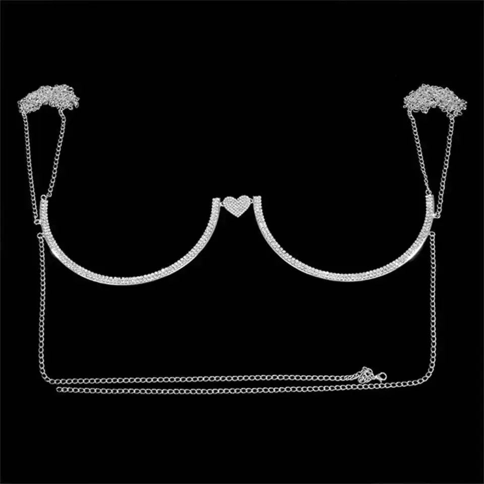 Heart Rhinestone Bra Body Chain Sexy Bikini Silver Beauty Crystal Chest Bracket Bras Chain Nightclub and Partying Body Jewelry for Women - JettsJewelers