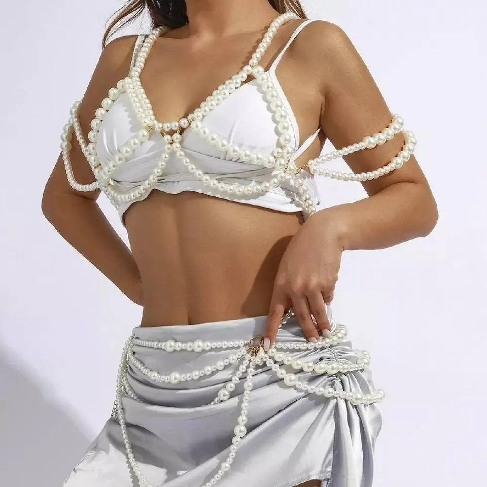 Imitation Pearls Chest Body Chain Jewelry for Women Teen Girls Handmade Pearl Tassel Bra Waist Set JettsJewelers