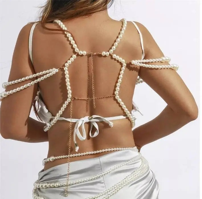 Imitation Pearls Chest Body Chain Jewelry for Women Teen Girls Handmade Pearl Tassel Bra Waist Set JettsJewelers