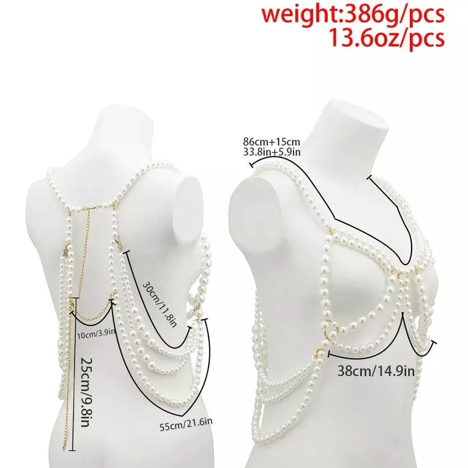 Imitation Pearls Chest Body Chain Jewelry for Women Teen Girls Handmade Pearl Tassel Bra Waist Set JettsJewelers