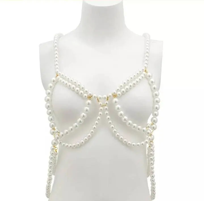 Imitation Pearls Chest Body Chain Jewelry for Women Teen Girls Handmade Pearl Tassel Bra Waist Set JettsJewelers