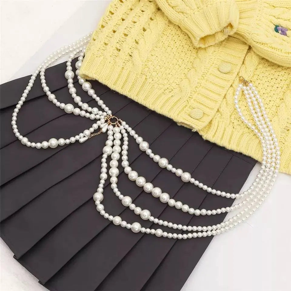 Imitation Pearls Chest Body Chain Jewelry for Women Teen Girls Handmade Pearl Tassel Bra Waist Set JettsJewelers